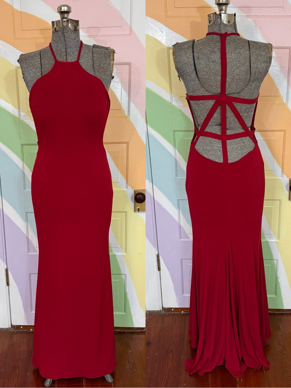 Vintage JVN by Jovani Red Strappy Back Mermaid Formal Prom Evening Gown Sz 4 🧡🍄 - Picture 2 of 12